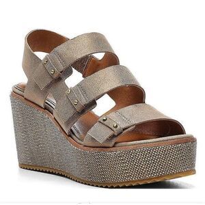 Donald Pliner Size 9 Iris Leather Raffia Platform Wedge‎ Sandal Metallic
